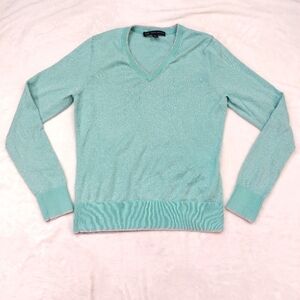 BROOKS BROTHERS 346 WOMENS BLUE AND SILVER METALLIC THREAD V-NECK SWEATER SIZE S